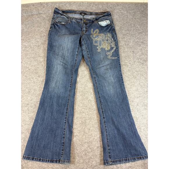 Vintage Y2K Southpole Denim Flared Jeans Womens 14 Blue Embellished Logo Faded - Picture 1 of 7